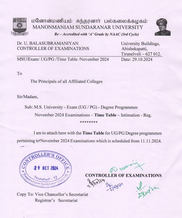 University Examinations Nov 2024- Timetable